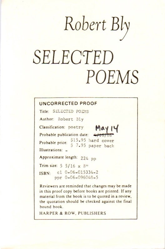 [Book #28643] Selected Poems. Robert BLY.
