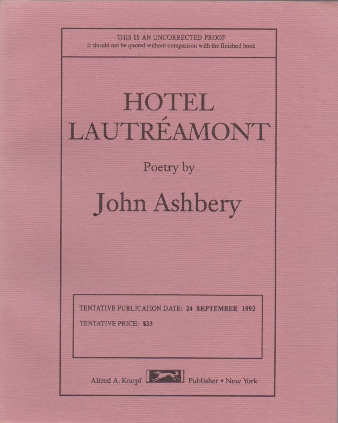 [Book #28773] Hotel Lautreamont. John ASHBERY.